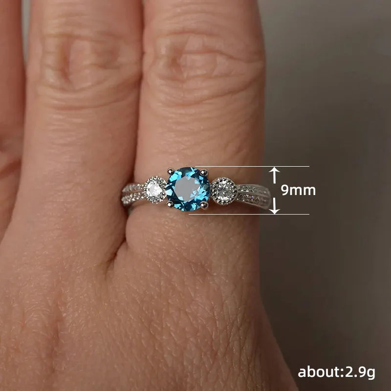 Fashion Female Ring 925 Sterling Silver Sea Blue Round Zircon Finger Rings for Women Promise Love Wedding Ring for Women Jewelry