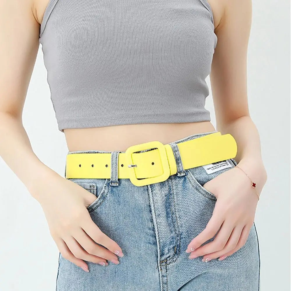 Women Luxury Design Candy Color Casual Thin Waist Strap Square Buckle Waistband Trouser Dress Belts Leather Belt