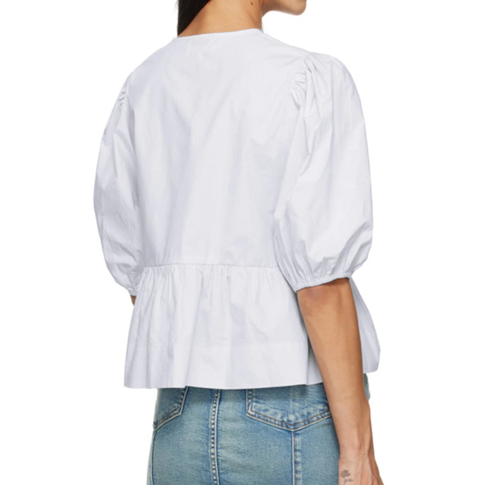 Women's Blouses Stripe Print Short Puff Sleeve Tie Front Loose Tops Shirts Streetwear