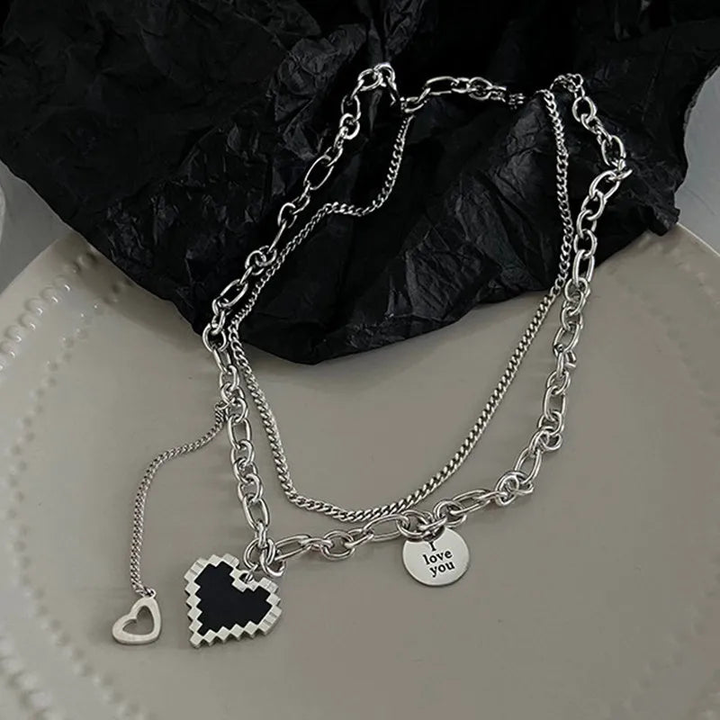 Harajaku Fashion Women Pendant Necklaces Double Link Chain Metal Black Heart Grunge Necklace Party Grunge Jewelry Gift