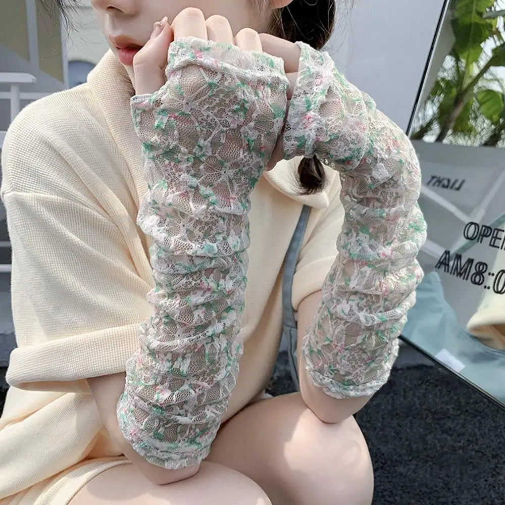 Lace Hollow-Out Long Gloves Women Summer Sun Protection Arm Sleeves Mesh Thin Cycling Mittens