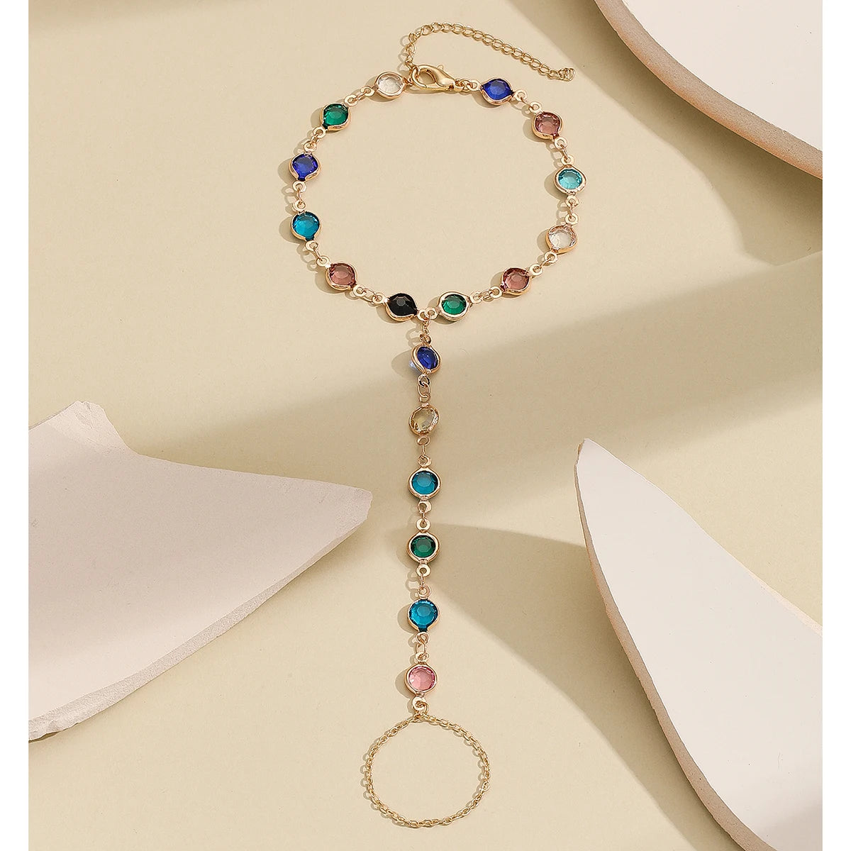 Colorful Zircon Crystal Link Chain Wrist Bracelet For Women Finger Ring Bracelets Trend Statement Jewelry
