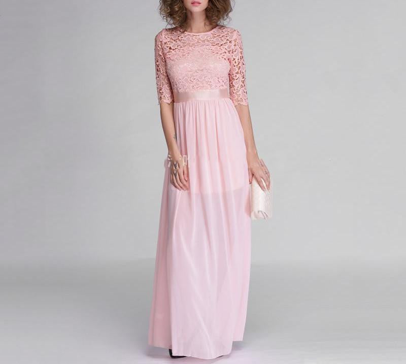 Women Elegant Lace Long Maxi Dresses Hollow Out Chiffon Half sleeve Ev