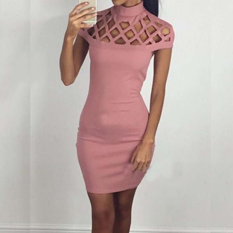 Party Night Turtle Neck Club Dress Hollow Out Mesh Slim Dresses Skinny