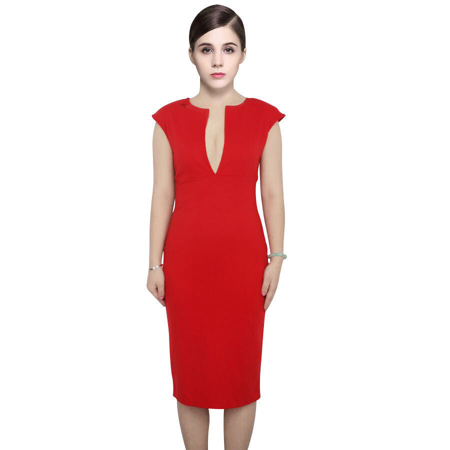 Elegant V-Neck Sleeveless Knee-length Temperament Charm Stretch Bodyco