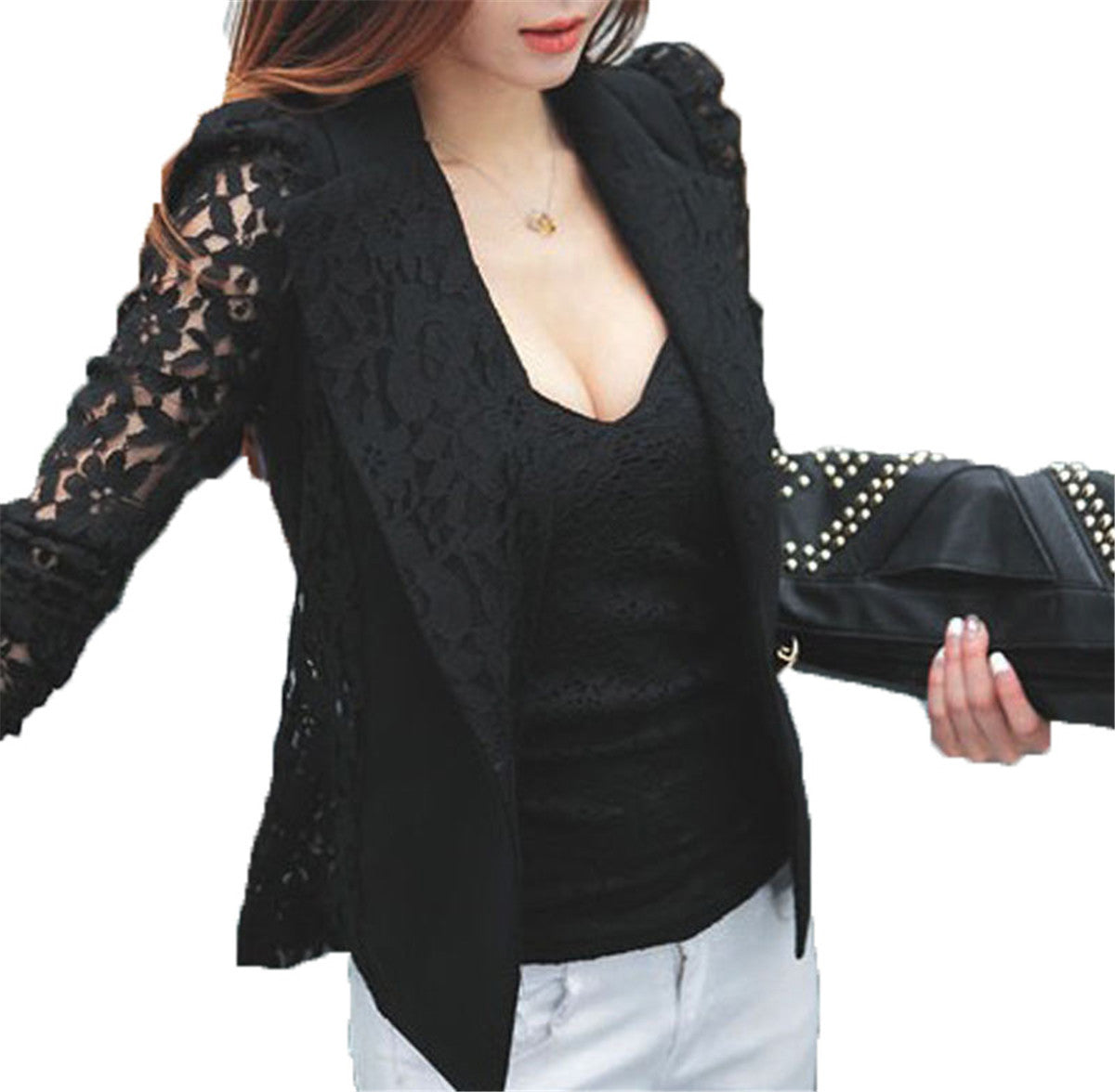 NEW Fashion Sexy Sheer Lace Patchwork Blazer Coat Lady Suit Outwear Wo