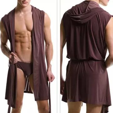 Men's robes comfortable casual bathrobes sleeveless Viscose sexy Hooded robe homewear mens sexy sleepwear lounge clothes
