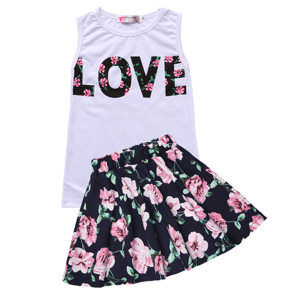 New Fashion Girls Clothing Sets Summer Sleeveless T-Shirt Top and Floral Skirt Cute Baby Girls Clothes 2PCS Little Girls Outfit - CelebritystyleFashion.com.au online clothing shop australia