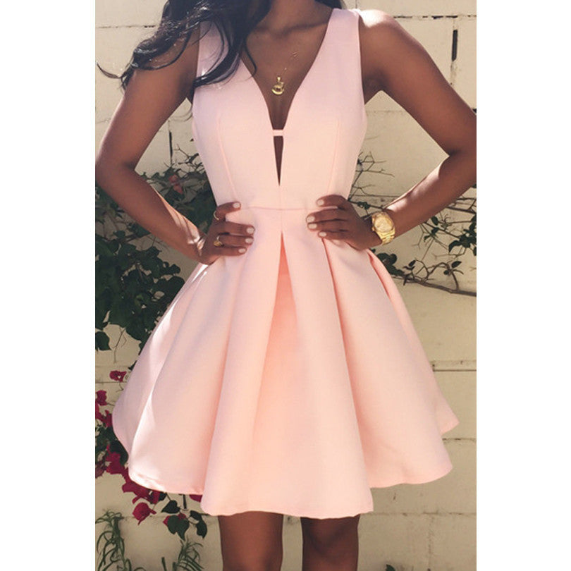 Summer Sexy Women Dress Deep V-Neck Backless Sleeveless Pink Dresses C Summer Sexy Women Dress Deep V-Neck Backless Sleeveless Pink Dresses C