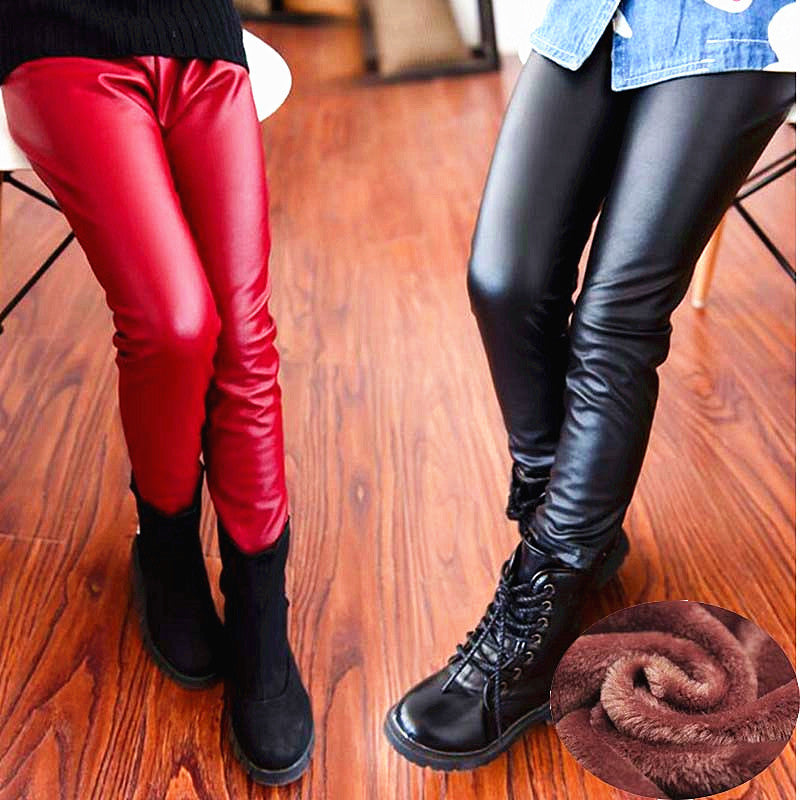 Kids Pants Children Clothing PU Leather Double Plus Thick Velvet Girls