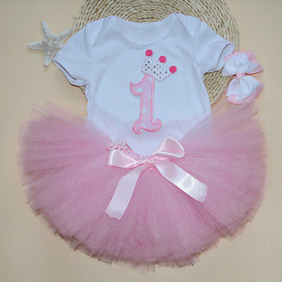 3PCS New Baby Girl 1st Crown Bodysuit Headband Birthday Tutu Skirt Outfit toddler girl clothes summer Summer - CelebritystyleFashion.com.au online clothing shop australia