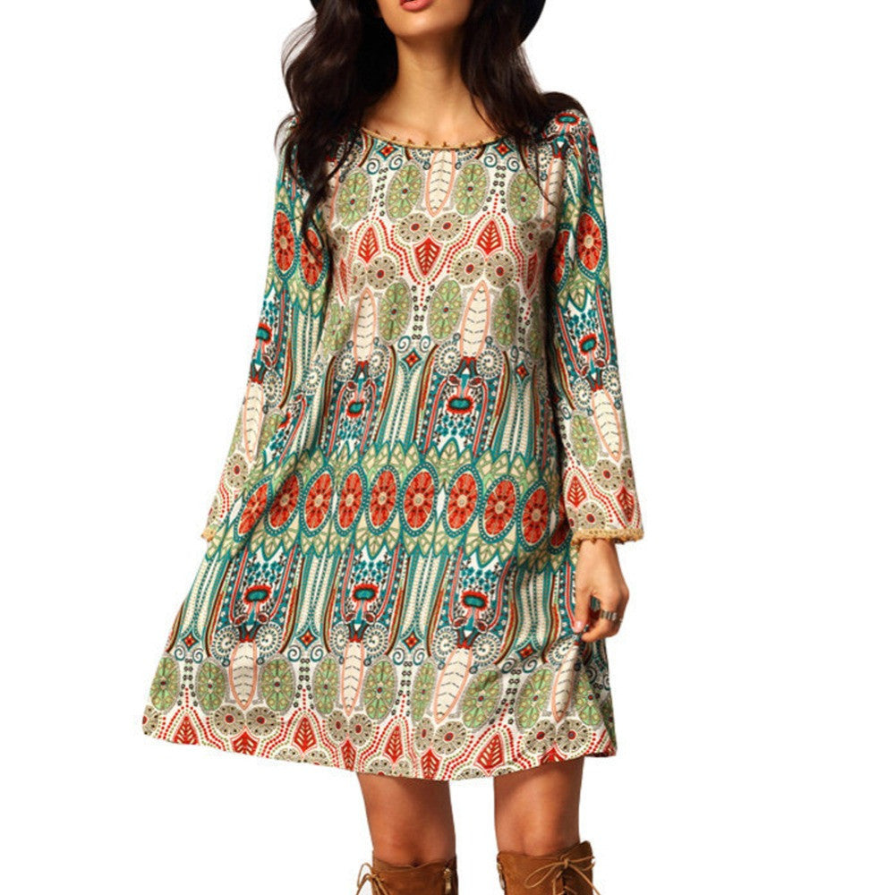 Fashion Summer Vintage Ethnic Dress Sexy Women Boho Floral Printed Casual Beach Dress Loose Sundress - CelebritystyleFashion.com.au online clothing shop australia