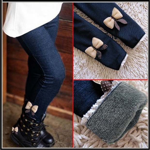 Fashion Winter Casual Girls Bow Jeans Cotton Children Skinny Cashmere Pants Kids Clothes Warm Elastic Trousers Jeggings - CelebritystyleFashion.com.au online clothing shop australia