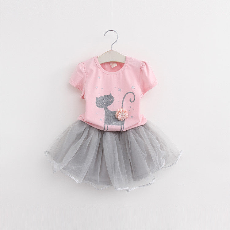 Girls Clothing Sets New Summer Fashion Style Cartoon Kitten Printed T-Shirts+Net Veil Dress 2Pcs Girls Clothes Sets - CelebritystyleFashion.com.au online clothing shop australia