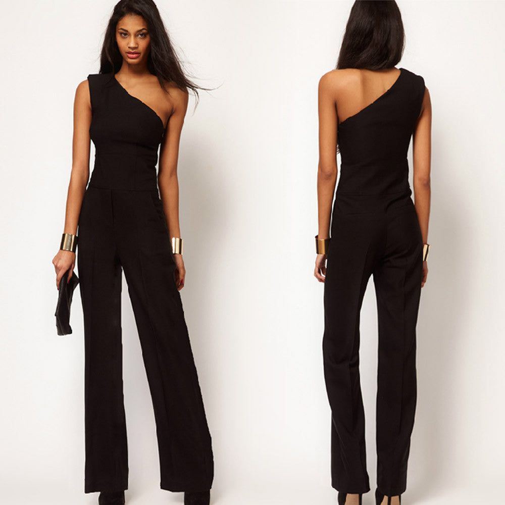 Sexy Women's One Shoulder Jumpsuit women's overall fashion High Waist Solid Chiffon jumpsuit pants coveralls black Full Length - CelebritystyleFashion.com.au online clothing shop australia