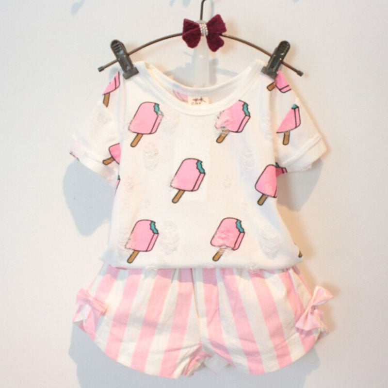 Kids Girls Clothing Set Summer Style Kids Girl Clothes Cute Ice Cream Hole T-shirt +Striped Bow Short Suit 2 pcs Clothing - CelebritystyleFashion.com.au online clothing shop australia