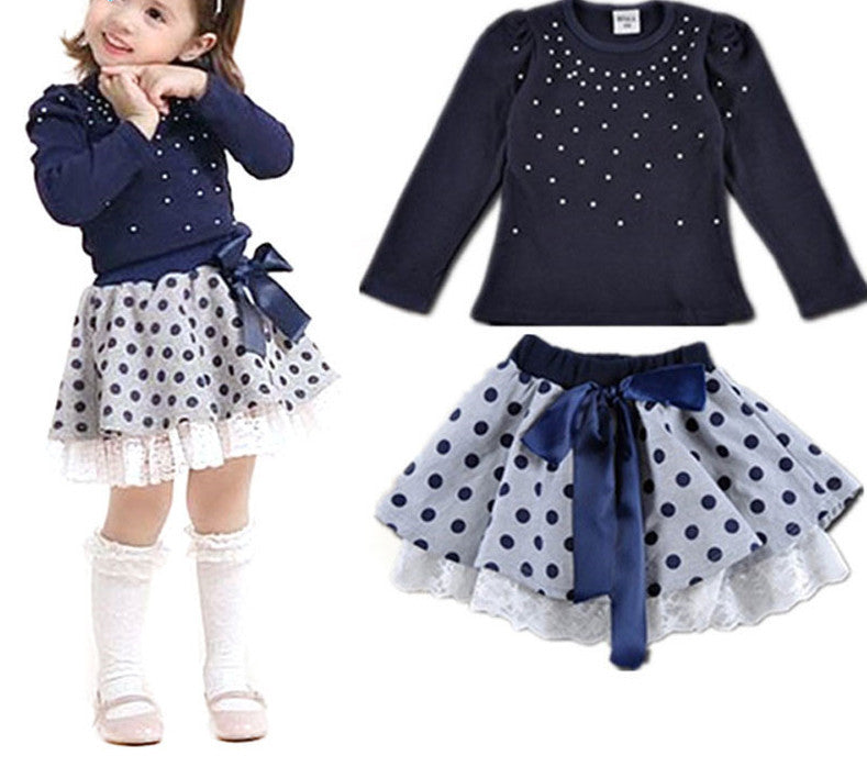 Girls' suits girls T-shirt + skirt 2pcs clothing Diamond dot bow dress children's skirt suit - CelebritystyleFashion.com.au online clothing shop australia