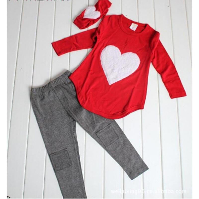 3pcs 1pc Hair Band+1pc Shirts+1pc Pants Children's Clothing Set Girls Clothes Suits Pink Red Heart - CelebritystyleFashion.com.au online clothing shop australia