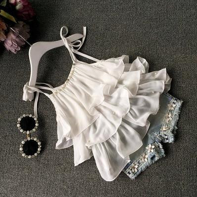 Summer children's clothing girls suit Chiffon cake sling + pants 2pcs pearl flower halter top denim shorts kids Set - CelebritystyleFashion.com.au online clothing shop australia