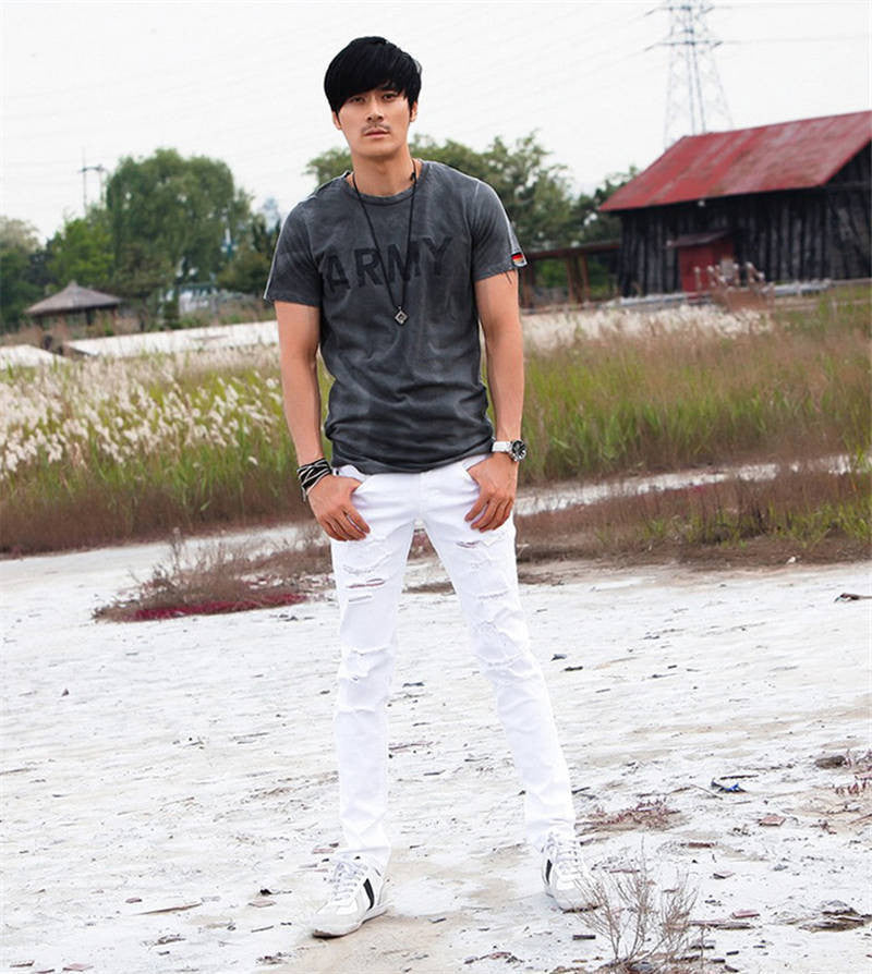 Sell White Ripped Jeans Men With Holes Super Skinny Famous Designer Brand Slim Fit Destroyed Torn Jean Pants For Male AY991 - CelebritystyleFashion.com.au online clothing shop australia