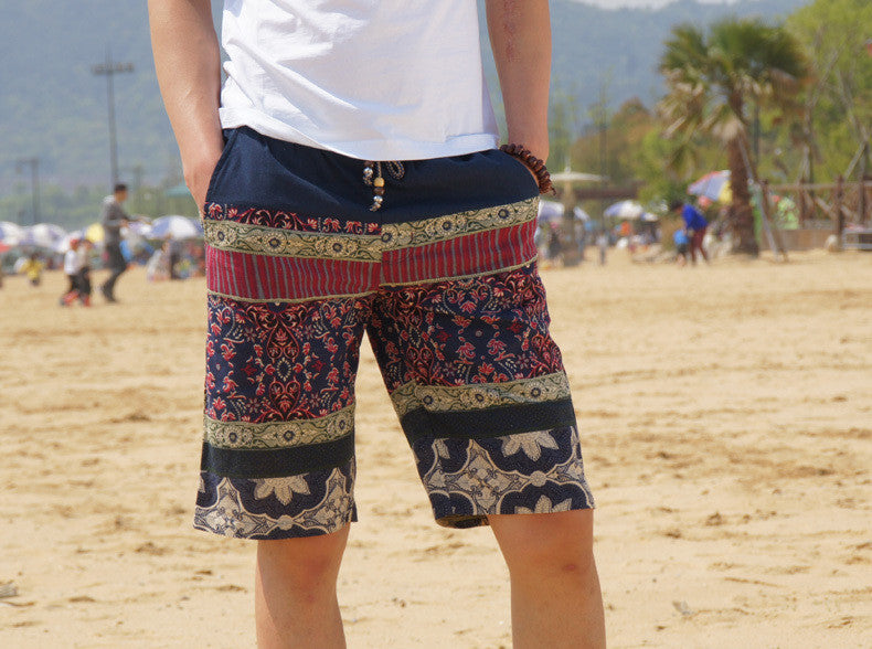 Men's linen shorts personality ethnic style color stitching summer new leisure wild men loose floral beach shorts M-5XL - CelebritystyleFashion.com.au online clothing shop australia