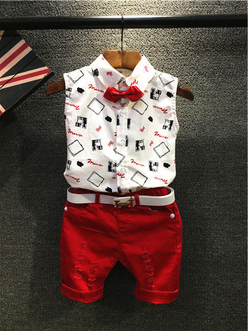 Boys Clothing Sets New Summer Fashion Style Kids Clothing Sets Print Shirt+Red Pants+Belt 3Pcs for Boys Clothes - CelebritystyleFashion.com.au online clothing shop australia