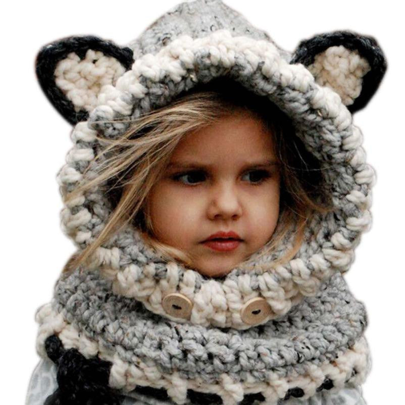 Lovely New Design Kids Winter Warm Knitted Hats Fox Design Children Shawl Hooded Cowl Beanie Girls Neck Wrap & Scarf Hat Cap NO4 - CelebritystyleFashion.com.au online clothing shop australia