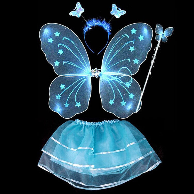 4Pcs Kids girls Fairy Princess Costume Sets colorful stage wear Butterfly Wings Wand Headband Tutu Skirts - CelebritystyleFashion.com.au online clothing shop australia