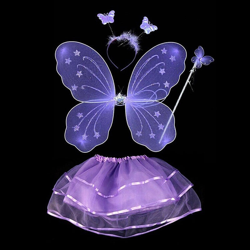 4Pcs Kids girls Fairy Princess Costume Sets colorful stage wear Butterfly Wings Wand Headband Tutu Skirts - CelebritystyleFashion.com.au online clothing shop australia