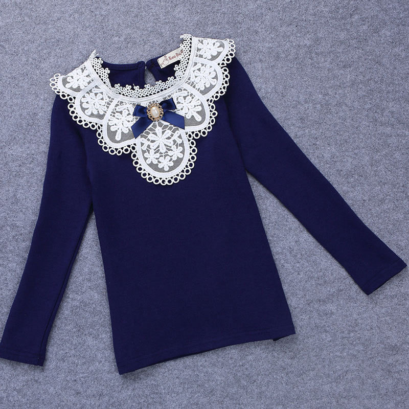 New Autumn Winter Girls Blouses Shirts Fashion Warm Add Wool Long Sleeve White Lace Flower Blouses Girls Cotton Clothes - CelebritystyleFashion.com.au online clothing shop australia