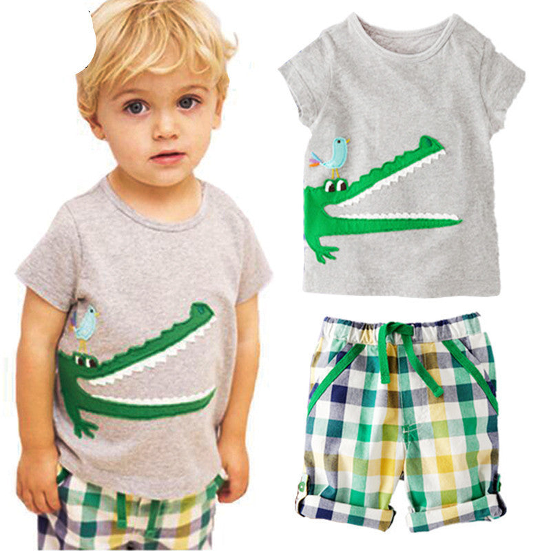 HE Hello Enjoy Boy clothing set Casual kids clothes Summer boys clothes short anima T-Shirt + Plaid pants baby girl outfit - CelebritystyleFashion.com.au online clothing shop australia