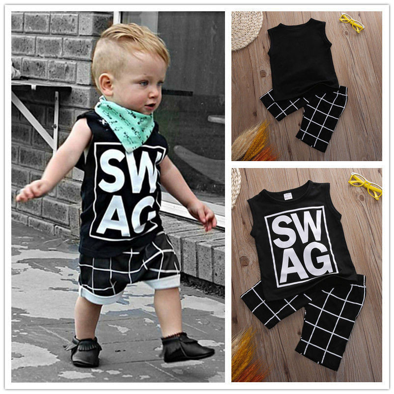 New Arriving 2pcs Children Boy Clothes T-shirt Vest Tops + Pants Plaid Brand Harem Casual Black Outfits Sets Boy 1-5 Summer - CelebritystyleFashion.com.au online clothing shop australia