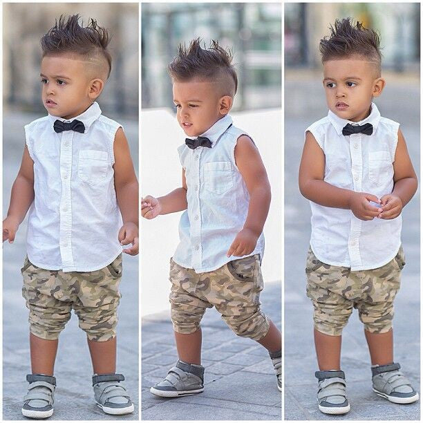 Summer Boys Suit Shirt T-shirt + Pants 2pcs / set sleeveless bow fashion camouflage pants suit Kids Free shipping - CelebritystyleFashion.com.au online clothing shop australia