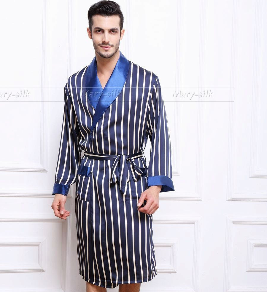 Mens Silk Satin Pajamas Pajama Pyjamas PJS Sleepwear Robe Robes Nightgown Robes S M L XL 2XL 3XL Plus Beige Blue Striped - CelebritystyleFashion.com.au online clothing shop australia