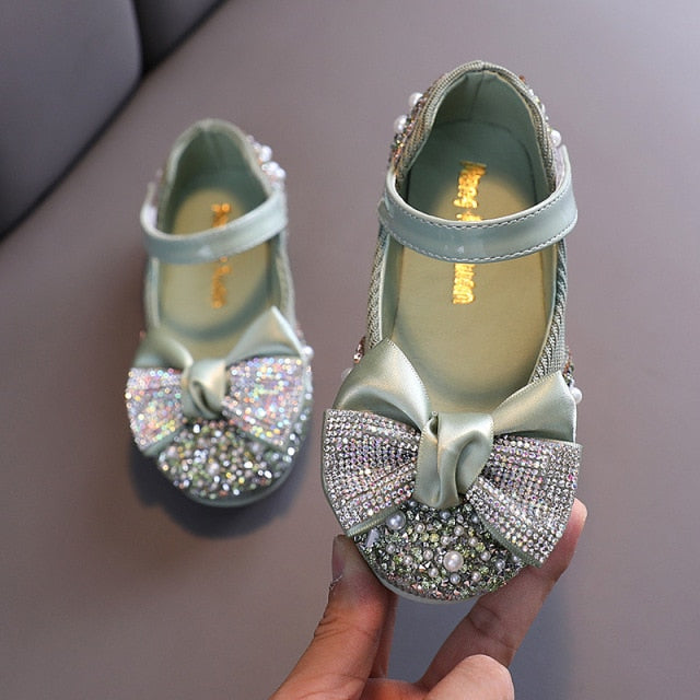 Children Leather Shoes Rhinestone Bow Princess Girls Party Dance Shoes Baby Student Flats Kids Performance Shoes