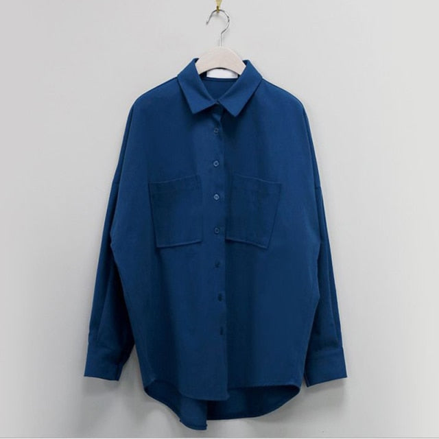 Double Pockets Turn-down Collar Cotton Blouse Casual Loose Female Blouse Tops Workwear Shirts