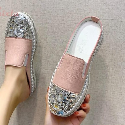 Crystals Round Toe Leather Flats Shoes Women Silver Bling Loafers Couple Platform Shoes Woman Flat With Students Size 43