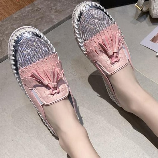 Crystals Round Toe Leather Flats Shoes Women Silver Bling Loafers Couple Platform Shoes Woman Flat With Students Size 43