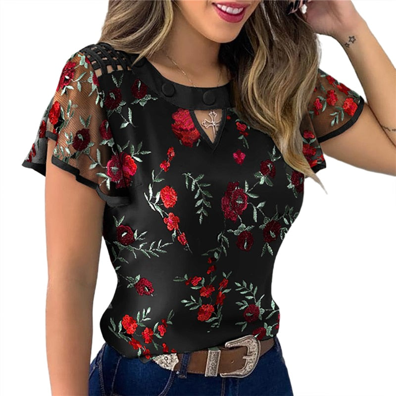 Ruffle Sleeve Tops Pullover Dot Polk Embroidery Floral Print Blouse Chiffon Jumper Tee