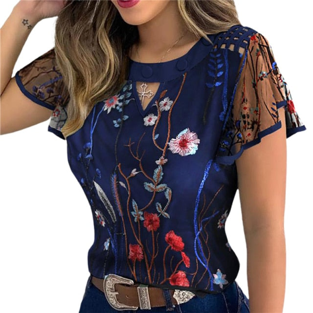 Ruffle Sleeve Tops Pullover Dot Polk Embroidery Floral Print Blouse Chiffon Jumper Tee