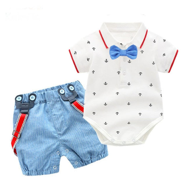 Baby Boy Clothes Summer Gentleman Birthday Suits Newborn Party Dress Soft Cotton Solid Rmper + Belt Pants Infant Toddler Set