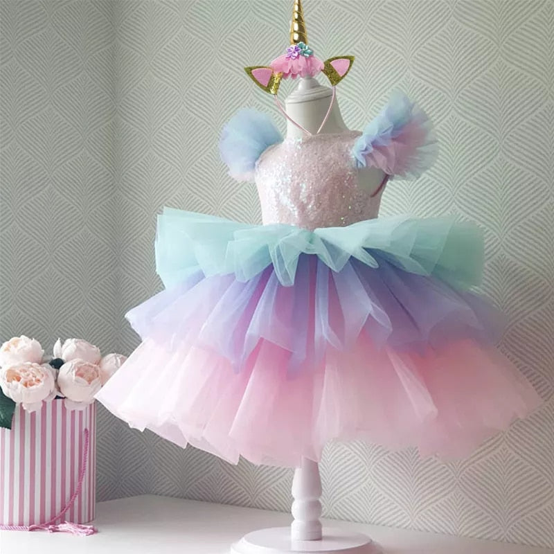 Girls Rainbow Unicorn Princess Dress Cake Layers Tutu Prom Gown For Kids Children Wedding Evening Formal Party Pageant