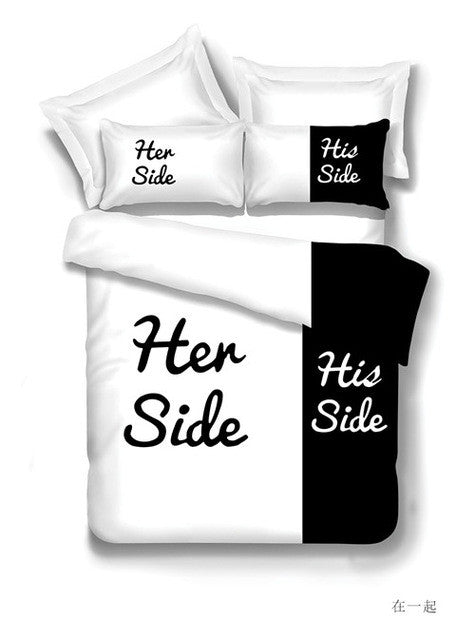 Black&white Her Side His Side bedding sets Queen/King Size double bed 3pcs/4pcs Bed Linen Couples Duvet Cover Set