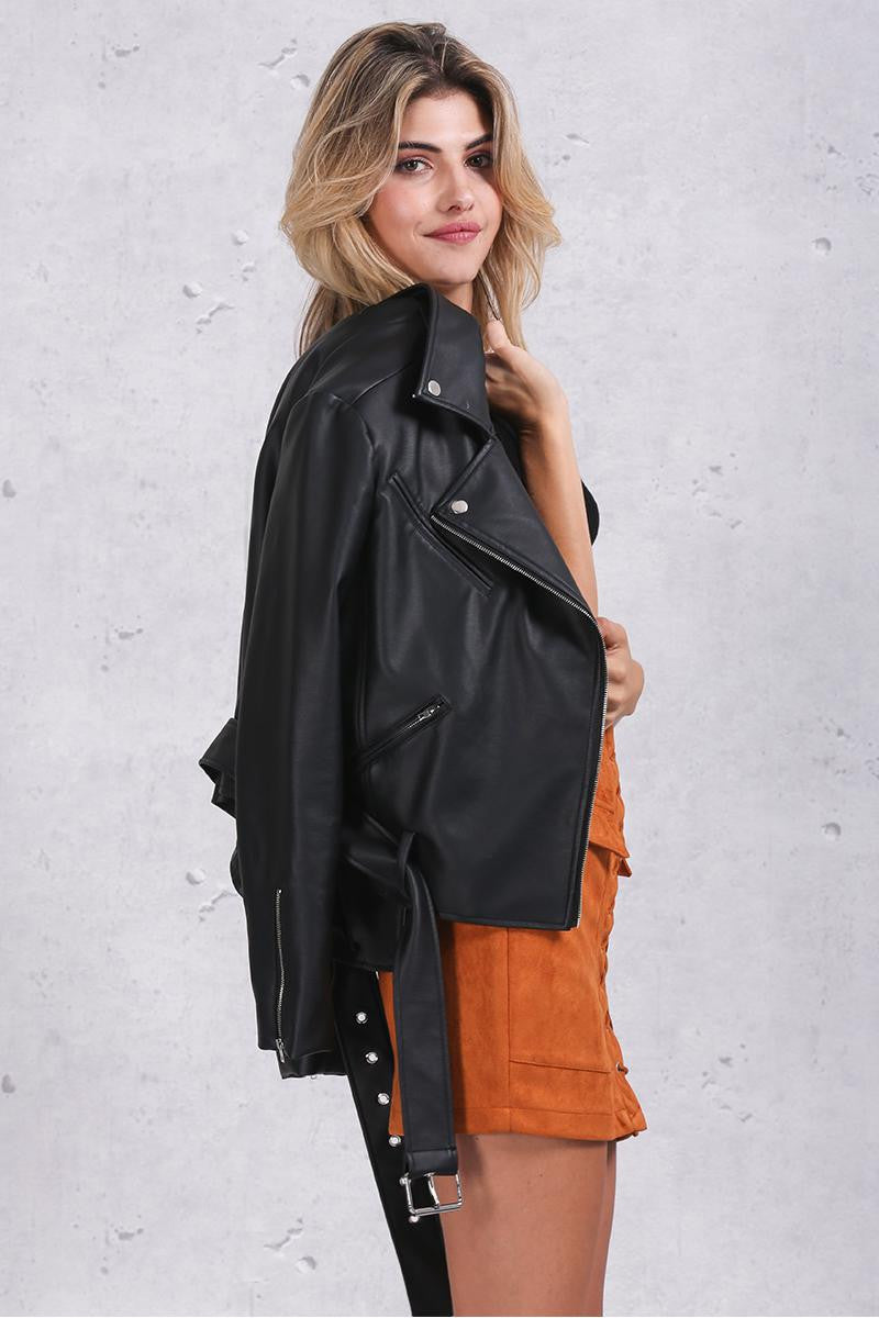 PU Leather Coat Classic Basic Black Adjustable Waist Motorcycle Jacket - CELEBRITYSTYLEFASHION.COM.AU - 9