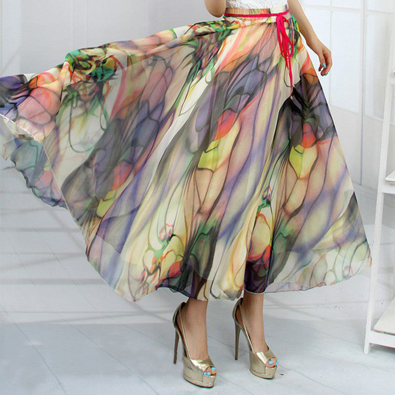 Peacock Feather Faux Silk Elastic Waist Big Bottom Printed Bohemia Skirt Women Full Long Chiffon Skirt - CelebritystyleFashion.com.au online clothing shop australia