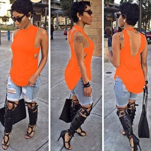 Cropped Solid Cutout Back Asymmetric Tank Top -  - 7