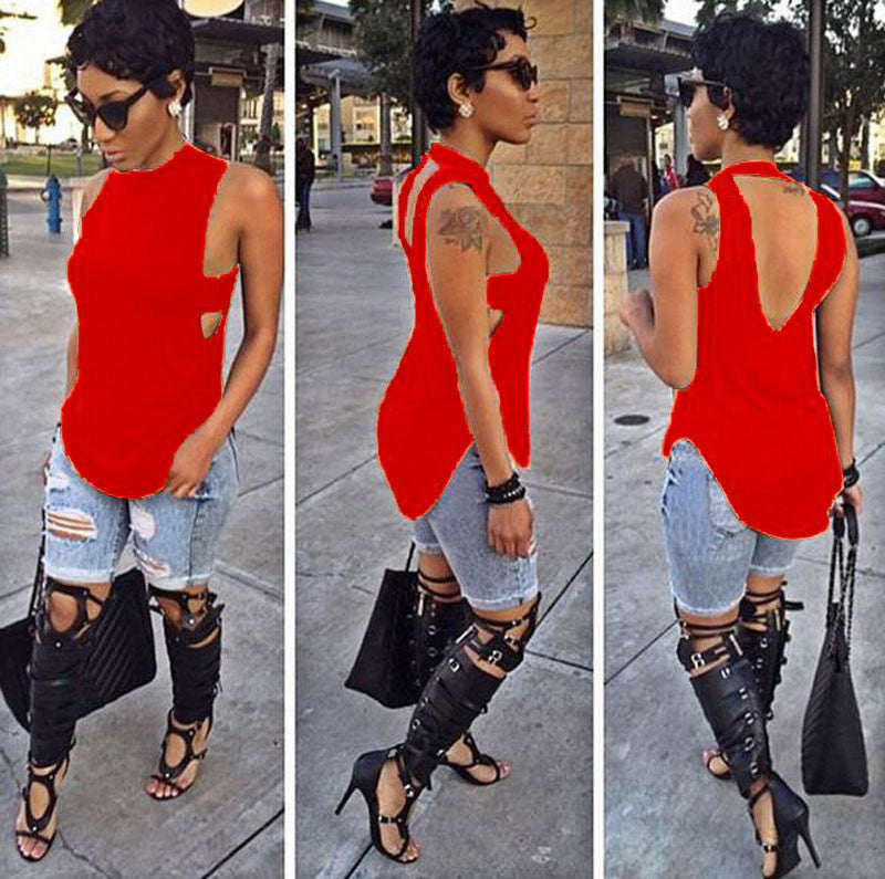 Cropped Solid Cutout Back Asymmetric Tank Top -  - 9