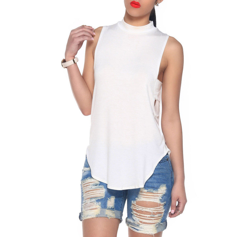 Cropped Solid Cutout Back Asymmetric Tank Top -  - 6
