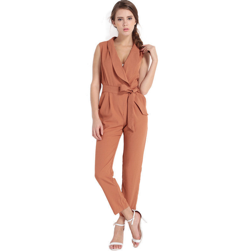 Sexy v-neck tie sleeveless office lady rompers spring fashion long jum