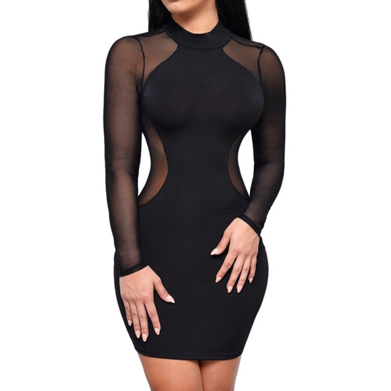 Night Club Long Sleeve Geometric Patchwork Mesh Party Dress